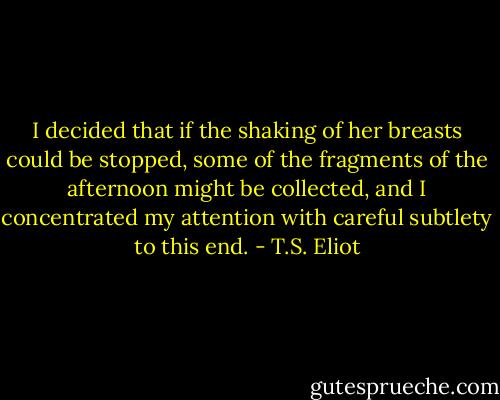 I decided that if the shaking of her breasts could be stopped, some of the fragments of the afternoon might be collected, and I concentrated my attention with careful subtlety to this end. - T.S. Eliot