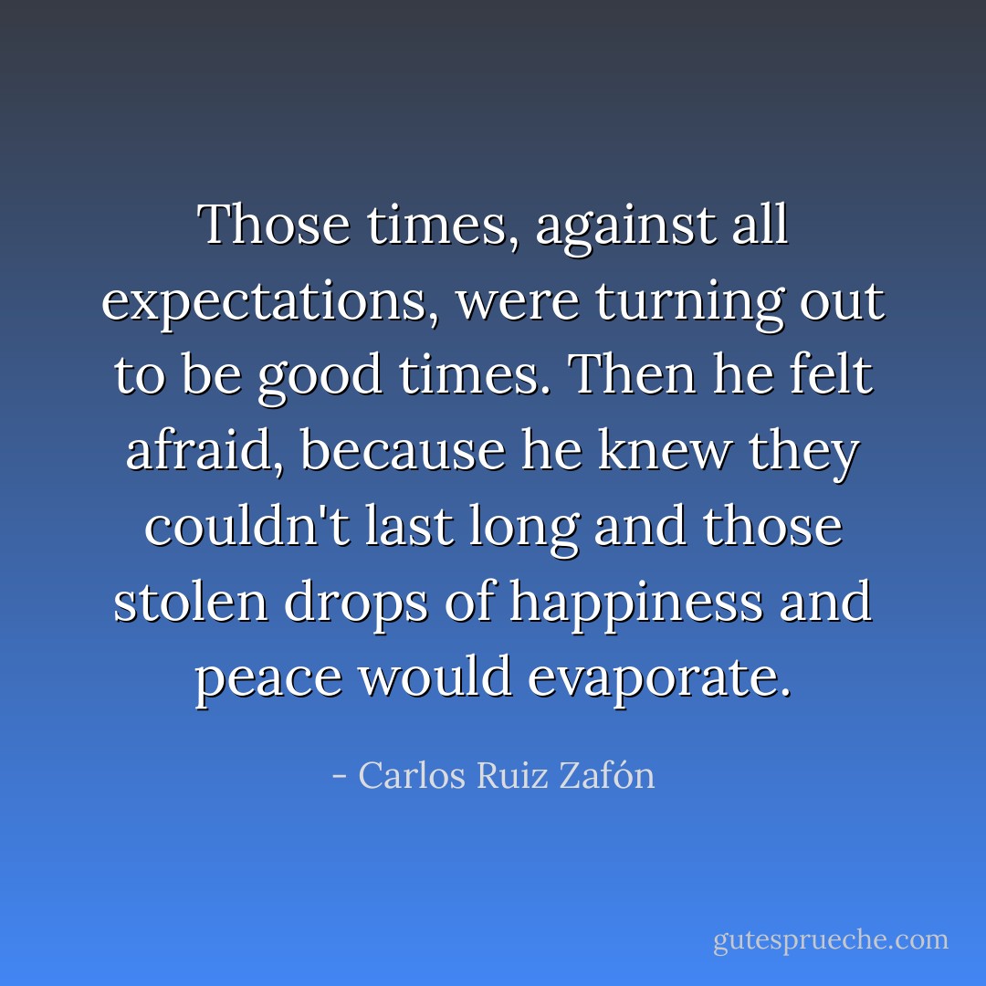 Those times, against all expectations, were turning out to be good times. Then he felt afraid, because he knew they couldn't last long and those stolen drops of happiness and peace would evaporate. - Carlos Ruiz Zafón