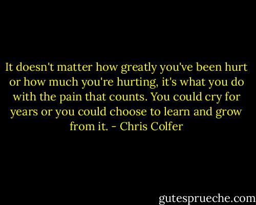 It doesn't matter how greatly you've been hurt or how much you're hurting, it's what you do with the pain that counts. You could cry for years or you could choose to learn and grow from it. - Chris Colfer