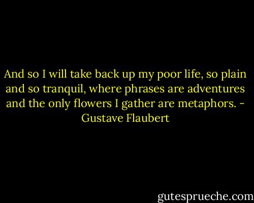 And so I will take back up my poor life, so plain and so tranquil, where phrases are adventures and the only flowers I gather are metaphors. - Gustave Flaubert