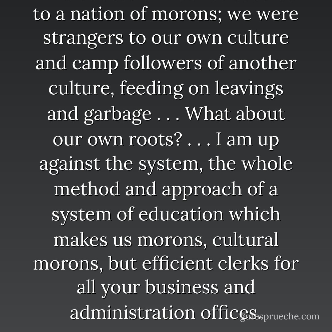 This education has reduced us to a nation of morons; we were strangers to our own culture and camp followers of another culture, feeding on leavings and garbage . . . What about our own roots? . . . I am up against the system, the whole method and approach of a system of education which makes us morons, cultural morons, but efficient clerks for all your business and administration offices. - R.K. Narayan