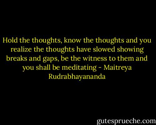 Hold the thoughts, know the thoughts and you realize the thoughts have slowed showing breaks and gaps, be the witness to them and you shall be meditating - Maitreya Rudrabhayananda