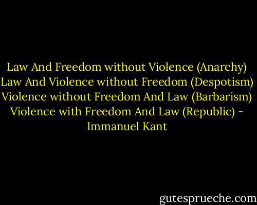 Law And Freedom without Violence (Anarchy)<br />Law And Violence without Freedom (Despotism)<br />Violence without Freedom And Law (Barbarism)<br />Violence with Freedom And Law (Republic) - Immanuel Kant