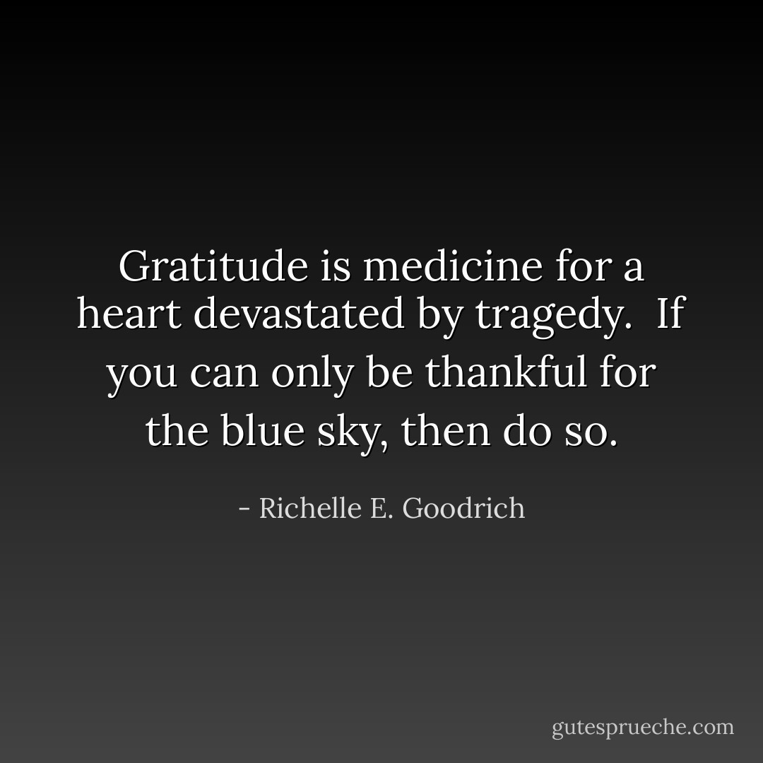 Gratitude is medicine for a heart devastated by tragedy.  If you can only be thankful for the blue sky, then do so. - Richelle E. Goodrich