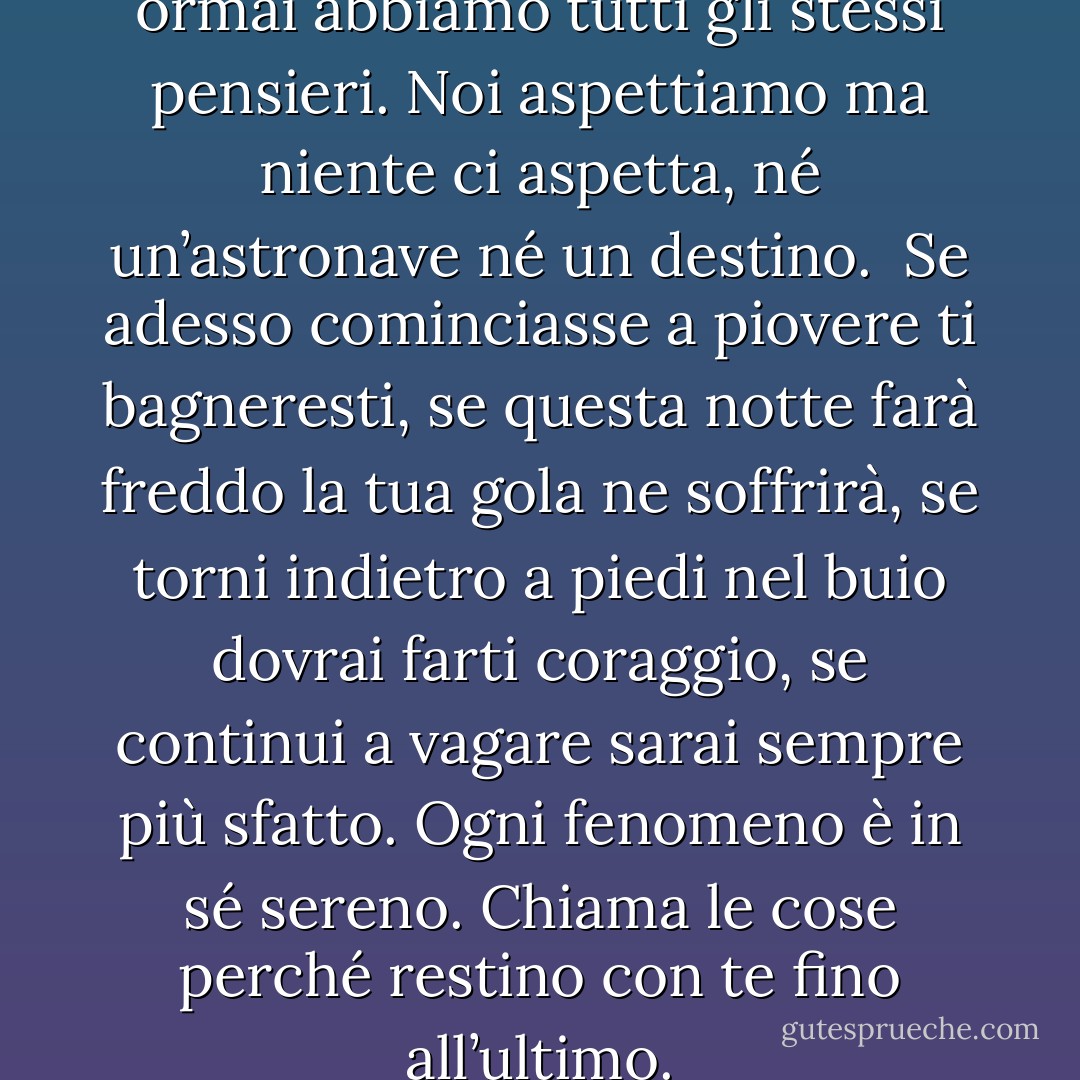 Ci hanno mescolato le anime e ormai abbiamo tutti gli stessi pensieri. Noi aspettiamo ma niente ci aspetta, né un’astronave né un destino.<br /><br />Se adesso cominciasse a piovere ti bagneresti, se questa notte farà freddo la tua gola ne soffrirà, se torni indietro a piedi nel buio dovrai farti coraggio, se continui a vagare sarai sempre più sfatto. Ogni fenomeno è in sé sereno. Chiama le cose perché restino con te fino all’ultimo. - Gianni Celati