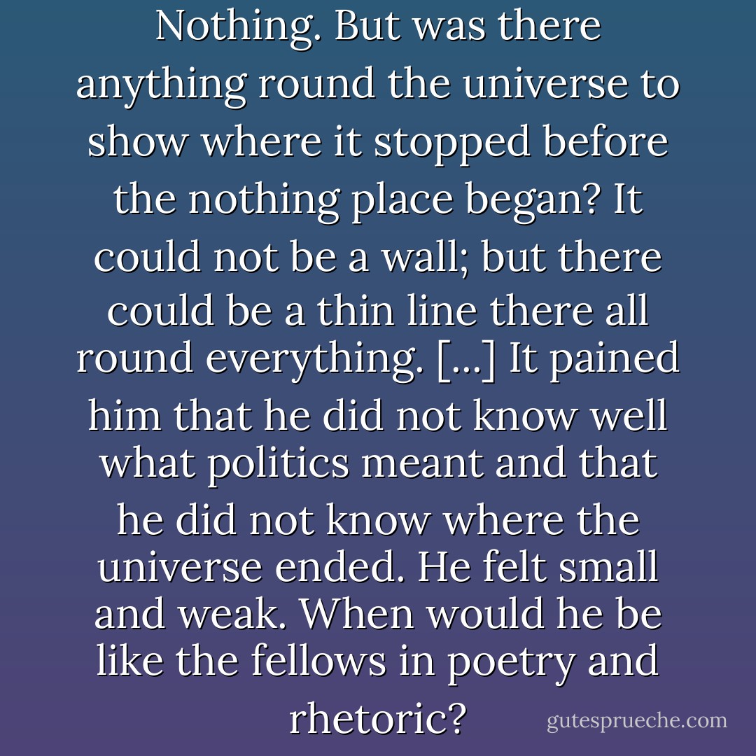 What was after the universe? Nothing. But was there anything round the universe to show where it stopped before the nothing place began? It could not be a wall; but there could be a thin line there all round everything.<br />[...]<br />It pained him that he did not know well what politics meant and that he did not know where the universe ended. He felt small and weak. When would he be like the fellows in poetry and rhetoric? - James Joyce