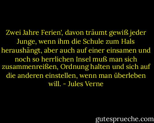 Zwei Jahre Ferien', davon träumt gewiß jeder Junge, wenn ihm die Schule zum Hals heraushängt, aber auch auf einer einsamen und noch so herrlichen Insel muß man sich zusammenreißen, Ordnung halten und sich auf die anderen einstellen, wenn man überleben will. - Jules Verne