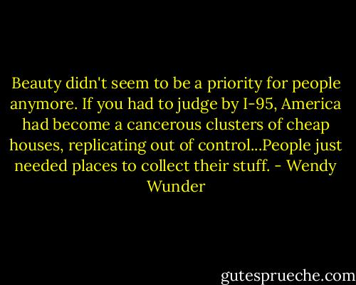 Beauty didn't seem to be a priority for people anymore. If you had to judge by I-95, America had become a cancerous clusters of cheap houses, replicating out of control...People just needed places to collect their stuff. - Wendy Wunder