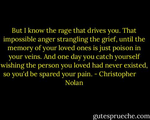 But I know the rage that drives you. That impossible anger strangling the grief, until the memory of your loved ones is just poison in your veins. And one day you catch yourself wishing the person you loved had never existed, so you'd be spared your pain. - Christopher      Nolan