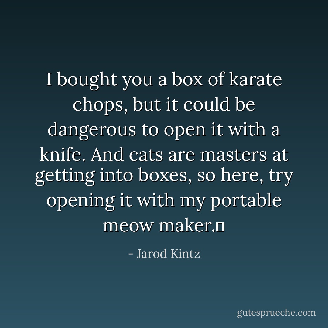 I bought you a box of karate chops, but it could be dangerous to open it with a knife. And cats are masters at getting into boxes, so here, try opening it with my portable meow maker.  - Jarod Kintz