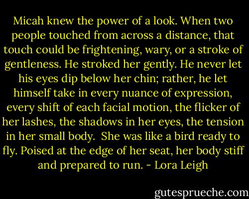 Micah knew the power of a look. When two people touched from across a distance, that touch could be frightening, wary, or a stroke of gentleness. He stroked her gently. He never let his eyes dip below her chin; rather, he let himself take in every nuance of expression, every shift of each facial motion, the flicker of her lashes, the shadows in her eyes, the tension in her small body. <br />She was like a bird ready to fly. Poised at the edge of her seat, her body stiff and prepared to run. - Lora Leigh