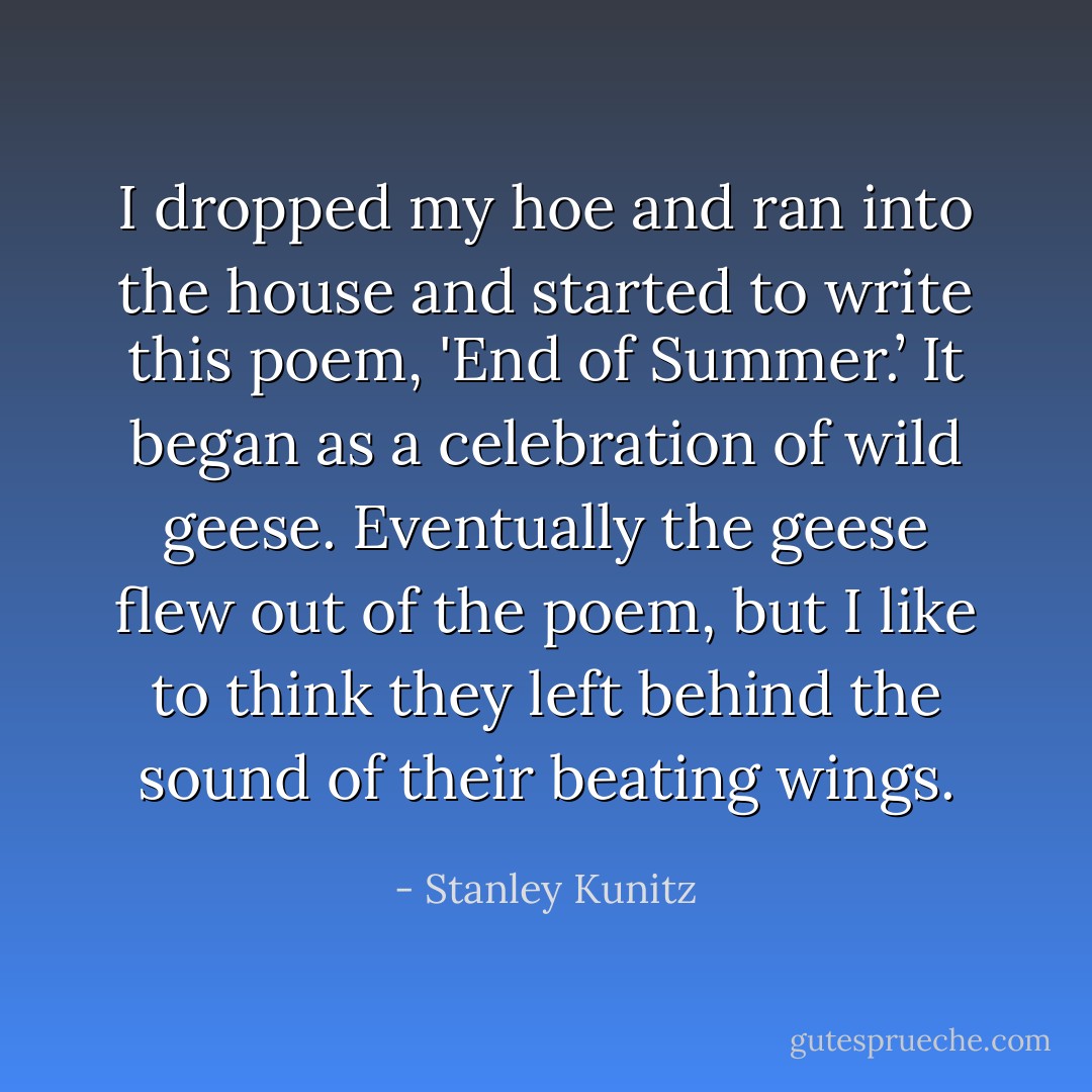 I dropped my hoe and ran into the house and started to write this poem, '<a href="http://www.poetryfoundation.org/poem/242452" target="_self" rel="nofollow noopener">End of Summer</a>.’ It began as a celebration of wild geese. Eventually the geese flew out of the poem, but I like to think they left behind the sound of their beating wings. - Stanley Kunitz