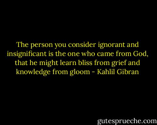The person you consider ignorant and insignificant is the one who came from God, that he might learn bliss from grief and knowledge from gloom - Kahlil Gibran