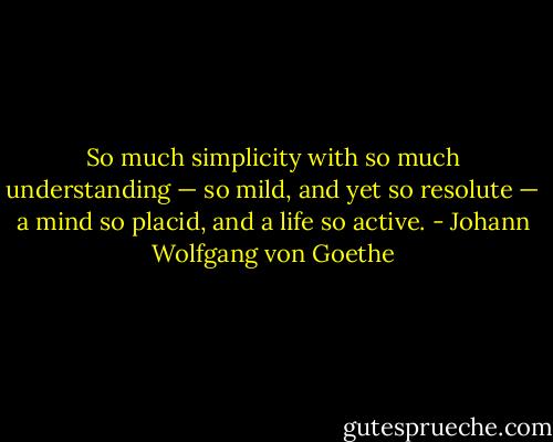 So much simplicity with so much understanding — so mild, and yet so resolute — a mind so placid, and a life so active. - Johann Wolfgang von Goethe