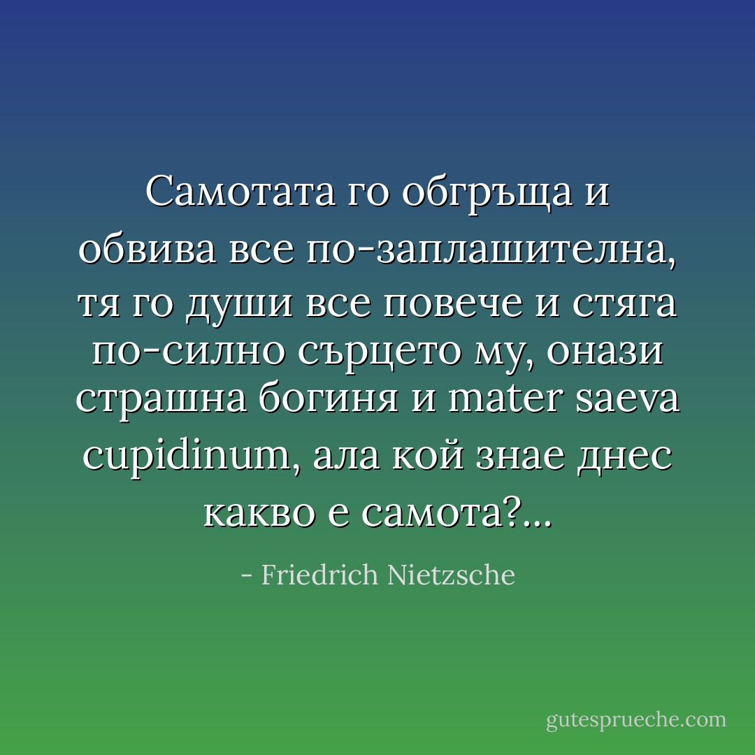 Самотата го обгръща и обвива все по-заплашителна, тя го души все повече и стяга по-силно сърцето му, онази страшна богиня и mater saeva cupidinum, ала кой знае днес какво е самота?... - Friedrich Nietzsche