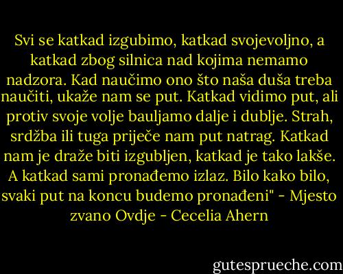 Svi se katkad izgubimo, katkad svojevoljno, a katkad zbog silnica nad kojima nemamo nadzora. Kad naučimo ono što naša duša treba naučiti, ukaže nam se put. Katkad vidimo put, ali protiv svoje volje bauljamo dalje i dublje. Strah, srdžba ili tuga priječe nam put natrag. Katkad nam je draže biti izgubljen, katkad je tako lakše. A katkad sami pronađemo izlaz. Bilo kako bilo, svaki put na koncu budemo pronađeni" - Mjesto zvano Ovdje - Cecelia Ahern