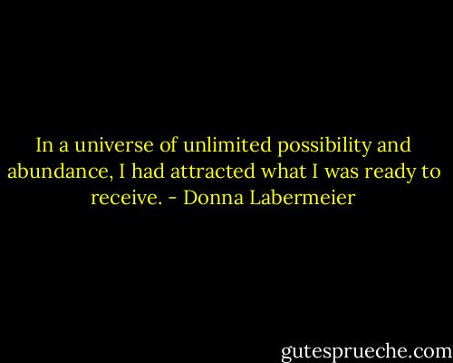 In a universe of unlimited possibility and abundance, I had attracted what I was ready to receive. - Donna Labermeier