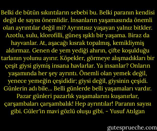Belki de bütün sıkıntıların sebebi bu. Belki paranın kendisi değil de sayısı önemlidir. İnsanların yaşamasında önemli olan ayrıntılar değil mi? Ayrıntısız yaşayan yalnız bitkler. Azotlu, sulu, klorofilli, güneş ışıklı bir yaşama. Biraz da hayvanlar. At, aşacağı kısrak topalmış, kemikliymiş aldırmaz. Genen de yem yediği ahırın, çifte koşulduğu tarlanın yolunu ayırır. Köpekler, görmeye alışmadıkları bir çeşit giysi giymiş insana havlarlar. Ya insanlar? Onların yaşamında her şey ayrıntı. Önemli olan yemek değil, yenece yemeğin çeşididir; giysi değil, giysinin çeşidi. Günlerin adı bile... Belli günlerde belli yaşamaları vardır. Pazar günleri pazarlık yaşamalarını kuşanırlar, çarşambaları çarşambalık! Hep ayrıntılar! Paranın sayısı gibi. Güler'in mavi gözlü oluşu gibi. - Yusuf Atılgan