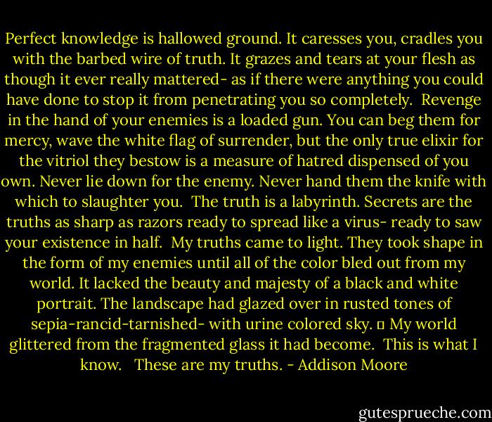 Perfect knowledge is hallowed ground. It caresses you, cradles you with the barbed wire of truth. It grazes and tears at your flesh as though it ever really mattered- as if there were anything you could have done to stop it from penetrating you so completely.<br /><br />Revenge in the hand of your enemies is a loaded gun. You can beg them for mercy, wave the white flag of surrender, but the only true elixir for the vitriol they bestow is a measure of hatred dispensed of you own. Never lie down for the enemy. Never hand them the knife with which to slaughter you.<br /><br />The truth is a labyrinth. Secrets are the truths as sharp as razors ready to spread like a virus- ready to saw your existence in half.<br /><br />My truths came to light. They took shape in the form of my enemies until all of the color bled out from my world. It lacked the beauty and majesty of a black and white portrait. The landscape had glazed over in rusted tones of sepia-rancid-tarnished- with urine colored sky.<br />	<br />My world glittered from the fragmented glass it had become.<br /><br />This is what I know. <br /><br />These are my truths. - Addison Moore