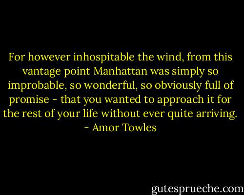 For however inhospitable the wind, from this vantage point Manhattan was simply so improbable, so wonderful, so obviously full of promise - that you wanted to approach it for the rest of your life without ever quite arriving. - Amor Towles
