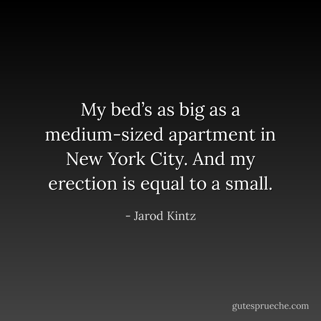 My bed’s as big as a medium-sized apartment in New York City. And my erection is equal to a small. - Jarod Kintz