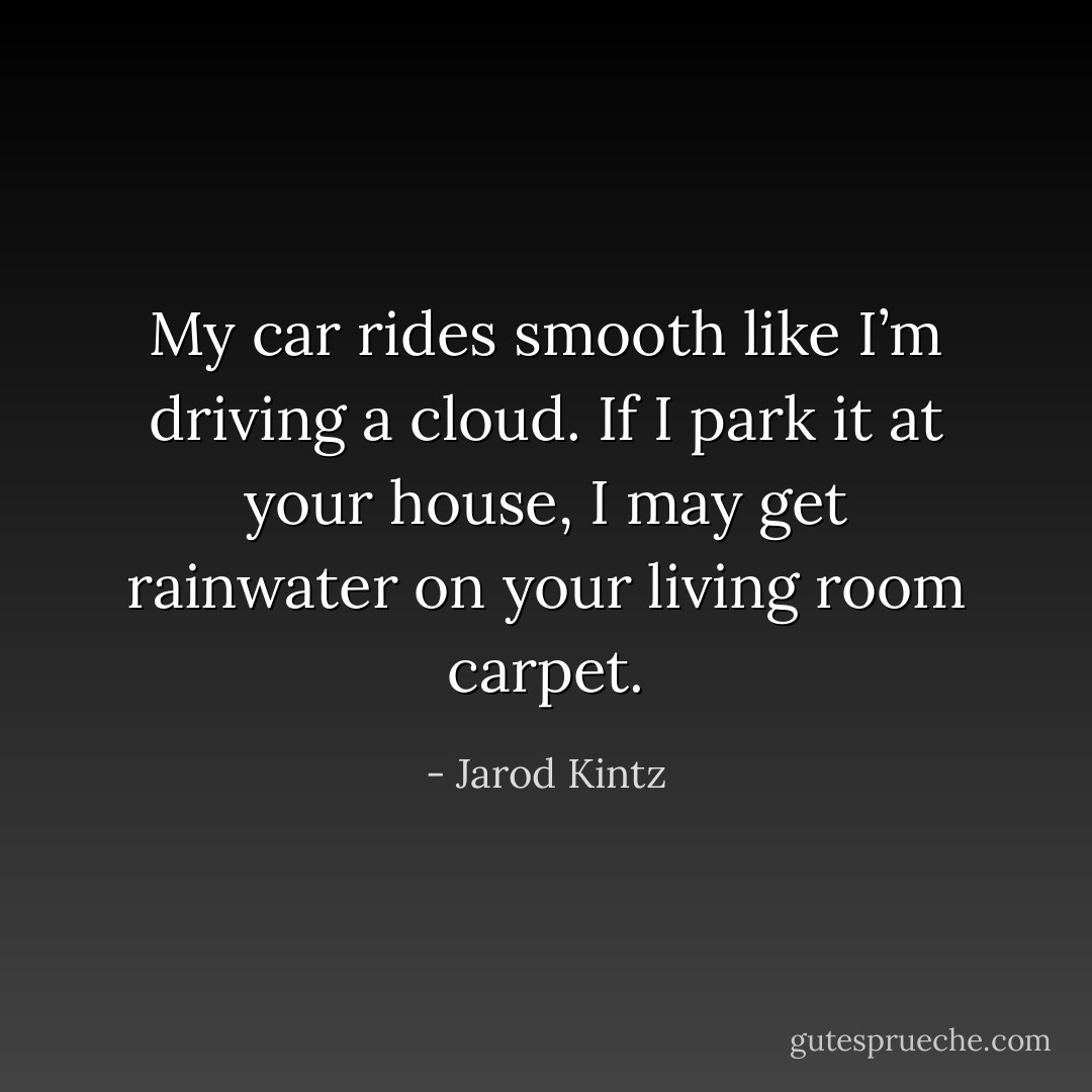 My car rides smooth like I’m driving a cloud. If I park it at your house, I may get rainwater on your living room carpet. - Jarod Kintz