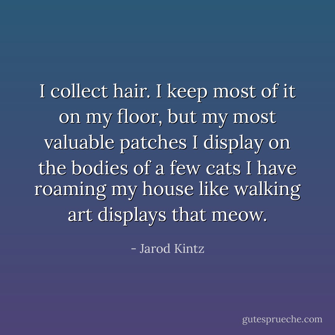 I collect hair. I keep most of it on my floor, but my most valuable patches I display on the bodies of a few cats I have roaming my house like walking art displays that meow. - Jarod Kintz