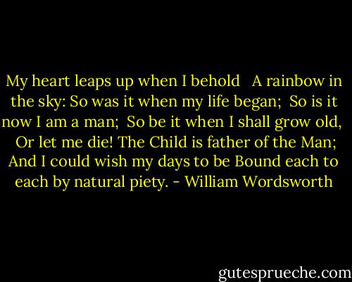 My heart leaps up when I behold <br /> A rainbow in the sky:<br />So was it when my life began; <br />So is it now I am a man; <br />So be it when I shall grow old, <br /> Or let me die!<br />The Child is father of the Man;<br />And I could wish my days to be<br />Bound each to each by natural piety. - William Wordsworth