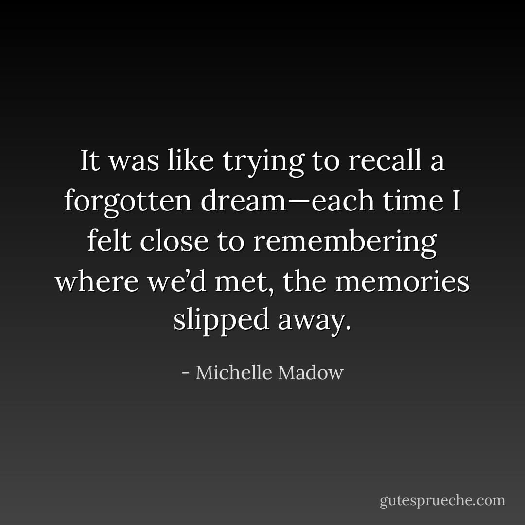 It was like trying to recall a forgotten dream—each time I felt close to remembering where we’d met, the memories slipped away. - Michelle Madow