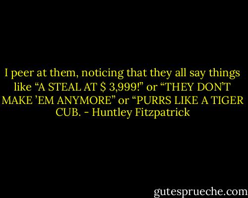 I peer at them, noticing that they all say things like “A STEAL AT $ 3,999!” or “THEY DON’T MAKE ’EM ANYMORE” or “PURRS LIKE A TIGER CUB. - Huntley Fitzpatrick