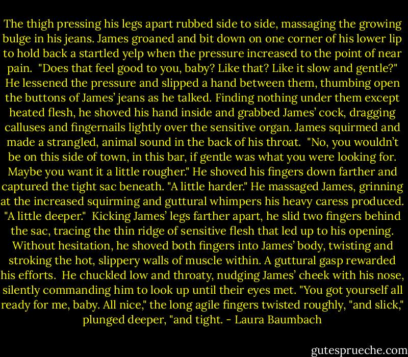 The thigh pressing his legs apart rubbed side to side, massaging the growing bulge in his jeans. James groaned and bit down on one corner of his lower lip to hold back a startled yelp when the pressure increased to the point of near pain.<br /><br />"Does that feel good to you, baby? Like that? Like it slow and gentle?" He lessened the pressure and slipped a hand between them, thumbing open the buttons of James’ jeans as he talked. Finding nothing under them except heated flesh, he shoved his hand inside and grabbed James’ cock, dragging calluses and fingernails lightly over the sensitive organ. James squirmed and made a strangled, animal sound in the back of his throat.<br /><br />"No, you wouldn’t be on this side of town, in this bar, if gentle was what you were looking for. Maybe you want it a little rougher." He shoved his fingers down farther and captured the tight sac beneath. "A little harder." He massaged James, grinning at the increased squirming and guttural whimpers his heavy caress produced. "A little deeper." <br />Kicking James’ legs farther apart, he slid two fingers behind the sac, tracing the thin ridge of sensitive flesh that led up to his opening. Without hesitation, he shoved both fingers into James’ body, twisting and stroking the hot, slippery walls of muscle within. A guttural gasp rewarded his efforts.<br /><br />He chuckled low and throaty, nudging James’ cheek with his nose, silently commanding him to look up until their eyes met. "You got yourself all ready for me, baby. All nice," the long agile fingers twisted roughly, "and slick," plunged deeper, "and tight. - Laura Baumbach