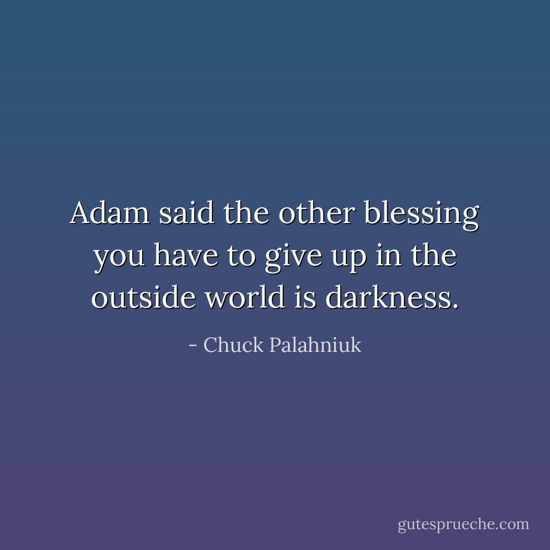 Adam said the other blessing you have to give up in the outside world is darkness. - Chuck Palahniuk