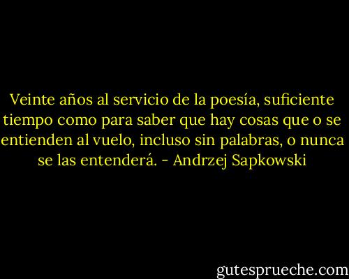 Veinte años al servicio de la poesía, suficiente tiempo como para saber que hay cosas que o se entienden al vuelo, incluso sin palabras, o nunca se las entenderá. - Andrzej Sapkowski
