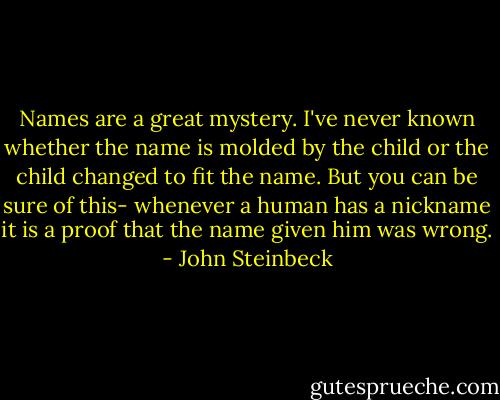Names are a great mystery. I've never known whether the name is molded by the child or the child changed to fit the name. But you can be sure of this- whenever a human has a nickname it is a proof that the name given him was wrong. - John Steinbeck
