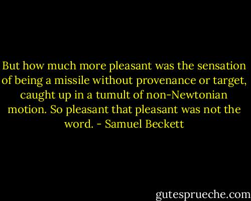 But how much more pleasant was the sensation of being a missile without provenance or target, caught up in a tumult of non-Newtonian motion. So pleasant that pleasant was not the word. - Samuel Beckett