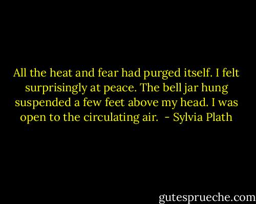 All the heat and fear had purged itself. I felt surprisingly at peace. The bell jar hung suspended a few feet above my head. I was open to the circulating air.  - Sylvia Plath