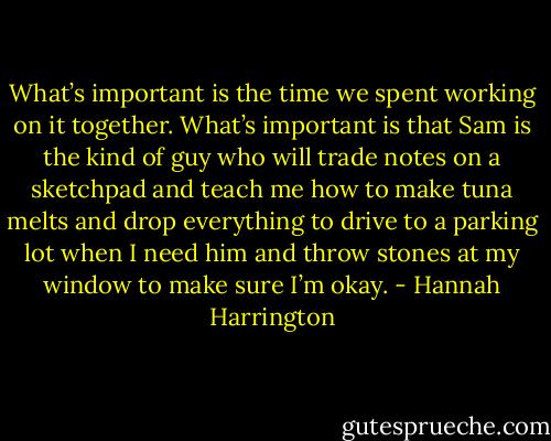 What’s important is the time we spent working on it together. What’s important is that Sam is the kind of guy who will trade notes on a sketchpad and teach me how to make tuna melts and drop everything to drive to a parking lot<br />when I need him and throw stones at my window to make sure I’m okay. - Hannah Harrington