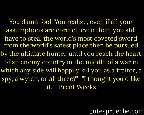 You damn fool. You realize, even if all your assumptions are correct-even then, you still have to steal the world's most coveted sword from the world's safest place then be pursued by the ultimate hunter until you reach the heart of an enemy country in the middle of a war in which any side will happily kill you as a traitor, a spy, a wytch, or all three?"<br /><br />"I thought you'd like it. - Brent Weeks