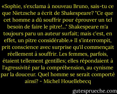 «Sophie, s'exclama à nouveau Bruno, sais-tu ce que Nietzsche a écrit de Shakespeare? "Ce que cet homme a dû souffrir pour éprouver un tel besoin de faire le pitre!..." Shakespeare m'a toujours paru un auteur surfait; mais c'est, en effet, un pitre considérable.» II s'interrompit, prit conscience avec surprise qu'il commençait réellement à souffrir. Les femmes, parfois, étaient tellement gentilles; elles répondaient à l'agressivité par la compréhension, au cynisme par la douceur. Quel homme se serait comporté ainsi? - Michel Houellebecq
