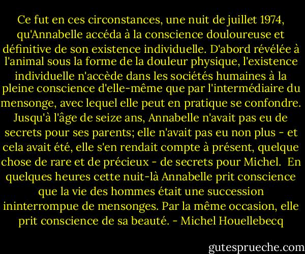 Ce fut en ces circonstances, une nuit de juillet 1974, qu'Annabelle accéda à la conscience douloureuse et définitive de son existence individuelle. D'abord révélée à l'animal sous la forme de la douleur physique, l'existence individuelle n'accède dans les sociétés humaines à la pleine conscience d'elle-même que par l'intermédiaire du mensonge, avec lequel elle peut en pratique se confondre. Jusqu'à l'âge de seize ans, Annabelle n'avait pas eu de secrets pour ses parents; elle n'avait pas eu non plus - et cela avait été, elle s'en rendait compte à présent, quelque chose de rare et de précieux - de<br />secrets pour Michel. <br />En quelques heures cette nuit-là Annabelle prit conscience que la vie des hommes était une succession ininterrompue de mensonges. Par la même occasion, elle prit conscience de sa beauté. - Michel Houellebecq