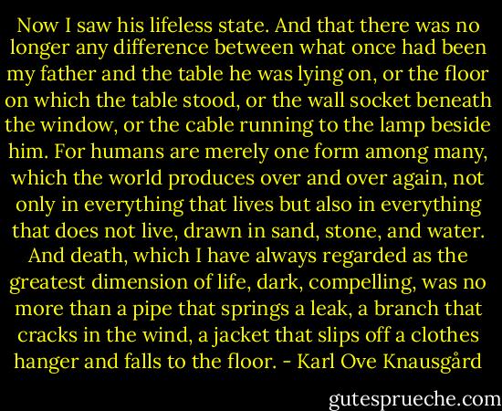 Now I saw his lifeless state. And that there was no longer any difference between what once had been my father and the table he was lying on, or the floor on which the table stood, or the wall socket beneath the window, or the cable running to the lamp beside him. For humans are merely one form among many, which the world produces over and over again, not only in everything that lives but also in everything that does not live, drawn in sand, stone, and water. And death, which I have always regarded as the greatest dimension of life, dark, compelling, was no more than a pipe that springs a leak, a branch that cracks in the wind, a jacket that slips off a clothes hanger and falls to the floor. - Karl Ove Knausgård