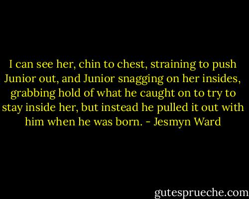 I can see her, chin to chest, straining to push Junior out, and Junior snagging on her insides, grabbing hold of what he caught on to try to stay inside her, but instead he pulled it out with him when he was born. - Jesmyn Ward