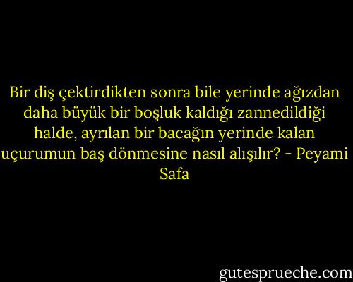 Bir diş çektirdikten sonra bile yerinde ağızdan daha büyük bir boşluk kaldığı zannedildiği halde, ayrılan bir bacağın yerinde kalan uçurumun baş dönmesine nasıl alışılır? - Peyami Safa