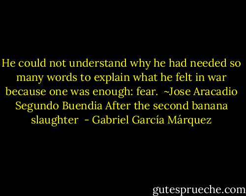 He could not understand why he had needed so many words to explain what he felt in war because one was enough: fear.<br /><br />~Jose Aracadio Segundo Buendia<br />After the second banana slaughter  - Gabriel García Márquez