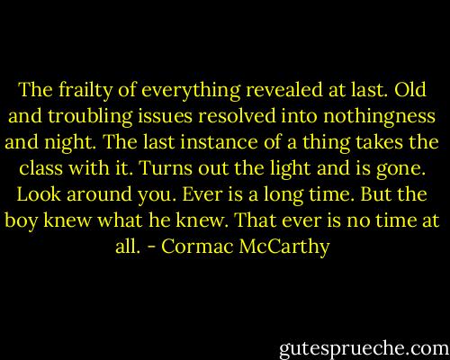 The frailty of everything revealed at last. Old and troubling issues resolved into nothingness and night. The last instance of a thing takes the class with it. Turns out the light and is gone. Look around you. Ever is a long time. But the boy knew what he knew. That ever is no time at all. - Cormac McCarthy