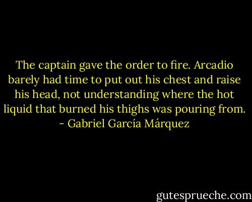 The captain gave the order to fire. Arcadio barely had time to put out his chest and raise his head, not understanding where the hot liquid that burned his thighs was pouring from. - Gabriel García Márquez