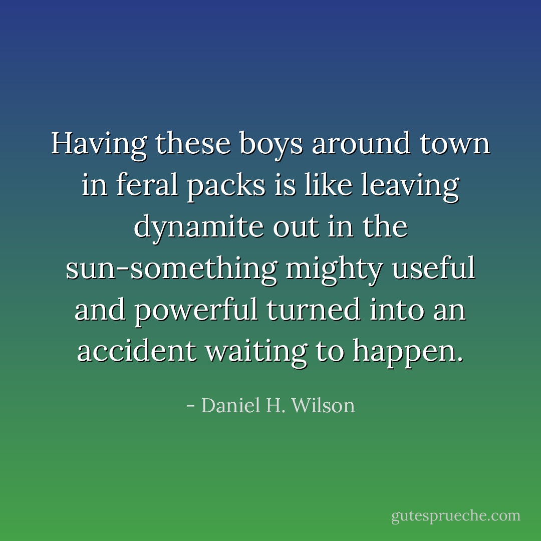 Having these boys around town in feral packs is like leaving dynamite out in the sun-something mighty useful and powerful turned into an accident waiting to happen. - Daniel H. Wilson