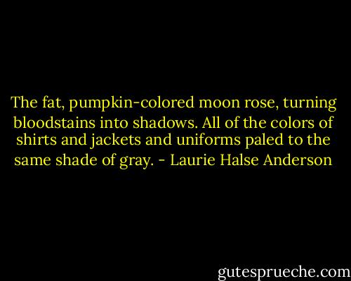 The fat, pumpkin-colored moon rose, turning bloodstains into shadows. All of the colors of shirts and jackets and uniforms paled to the same shade of gray. - Laurie Halse Anderson