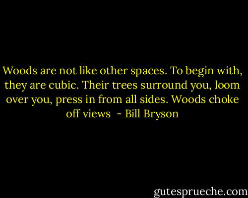 Woods are not like other spaces. To begin with, they are cubic. Their trees surround you, loom over you, press in from all sides. Woods choke off views  - Bill Bryson