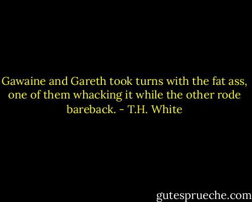 Gawaine and Gareth took turns with the fat ass, one of them whacking it while the other rode bareback. - T.H. White